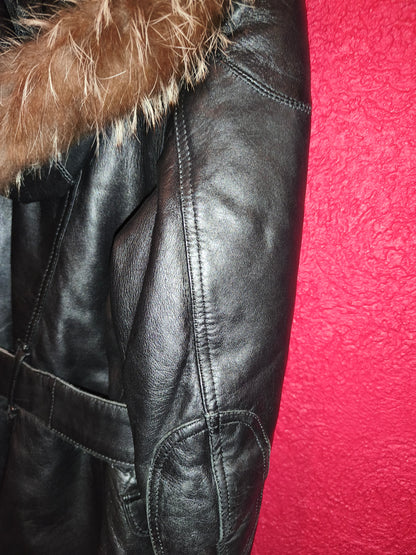 AVIATRIX Genuine Black Leather Belted Utility Jacket Fur Hood | Women's Size XL