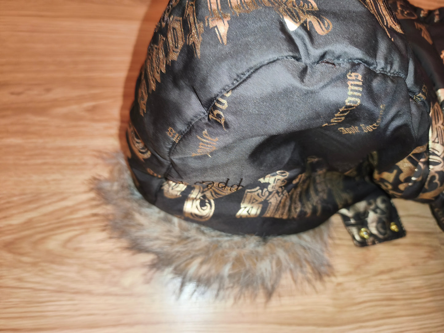 Rare VTG Apple Bottoms Real Down Puffer Vest Black Gold Satin McBling Hooded M