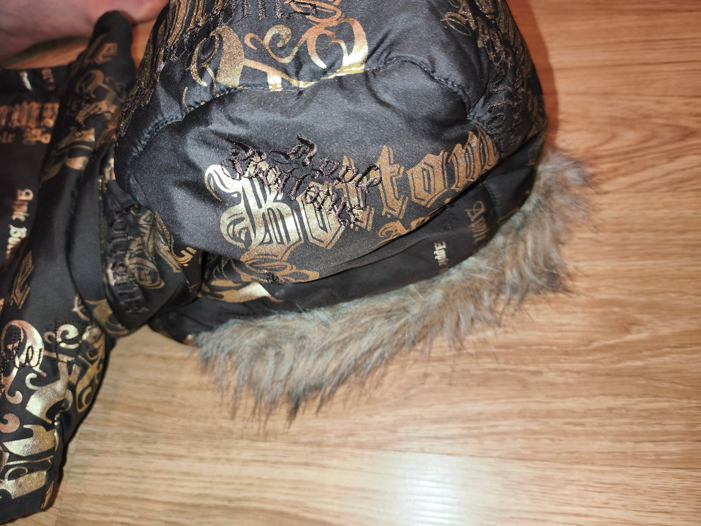 Rare VTG Apple Bottoms Real Down Puffer Vest Black Gold Satin McBling Hooded M