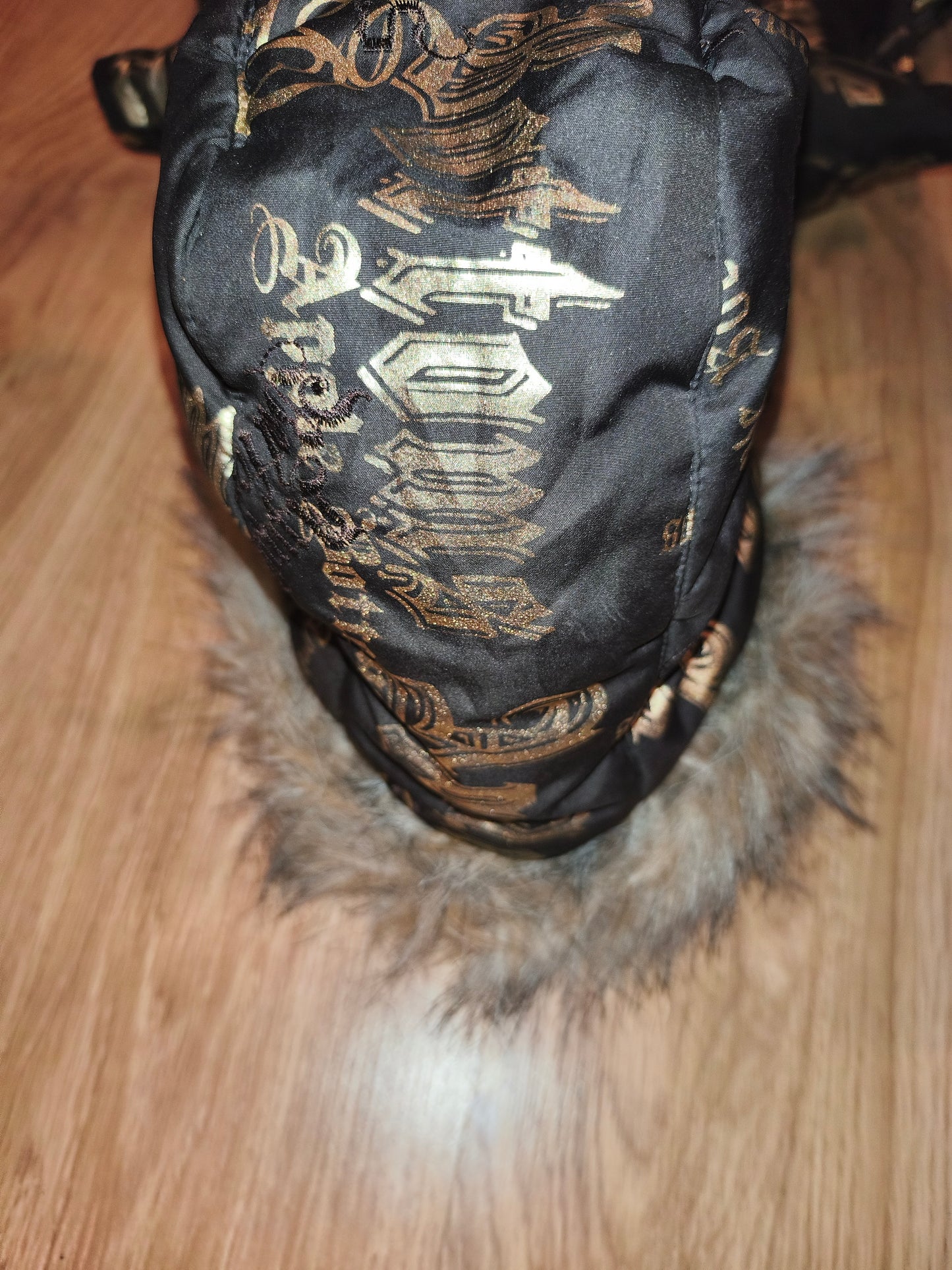 Rare VTG Apple Bottoms Real Down Puffer Vest Black Gold Satin McBling Hooded M