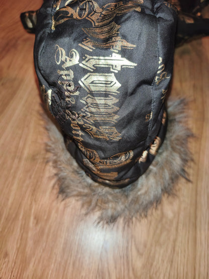 Rare VTG Apple Bottoms Real Down Puffer Vest Black Gold Satin McBling Hooded M