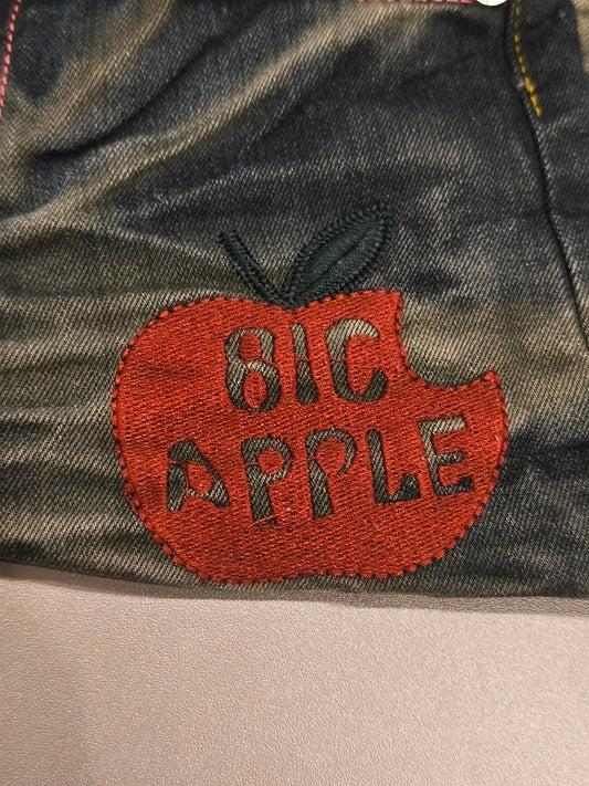 Kids Vintage Style Distressed Acid Wash Jeans with "BIG APPLE" Patch & Contrast Stitching (Tag Size 20)