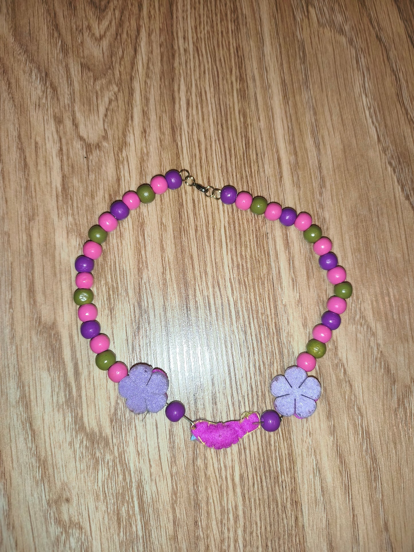 Colorful Beaded Bird & Flower Charm Necklace – Pink, Purple, Olive Green