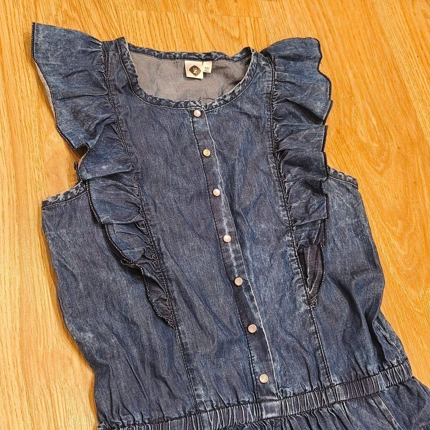Z Girls Denim Dress Ruffle Sleeve Blue Cotton Button Front Pockets Size 10 140cm