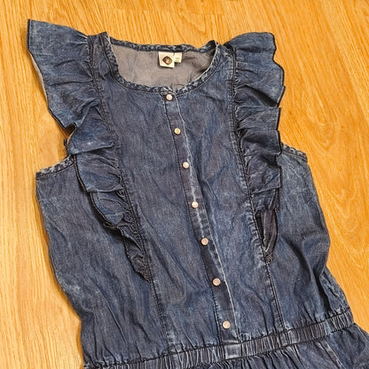 Z Girls Denim Dress Ruffle Sleeve Blue Cotton Button Front Pockets Size 10 140cm