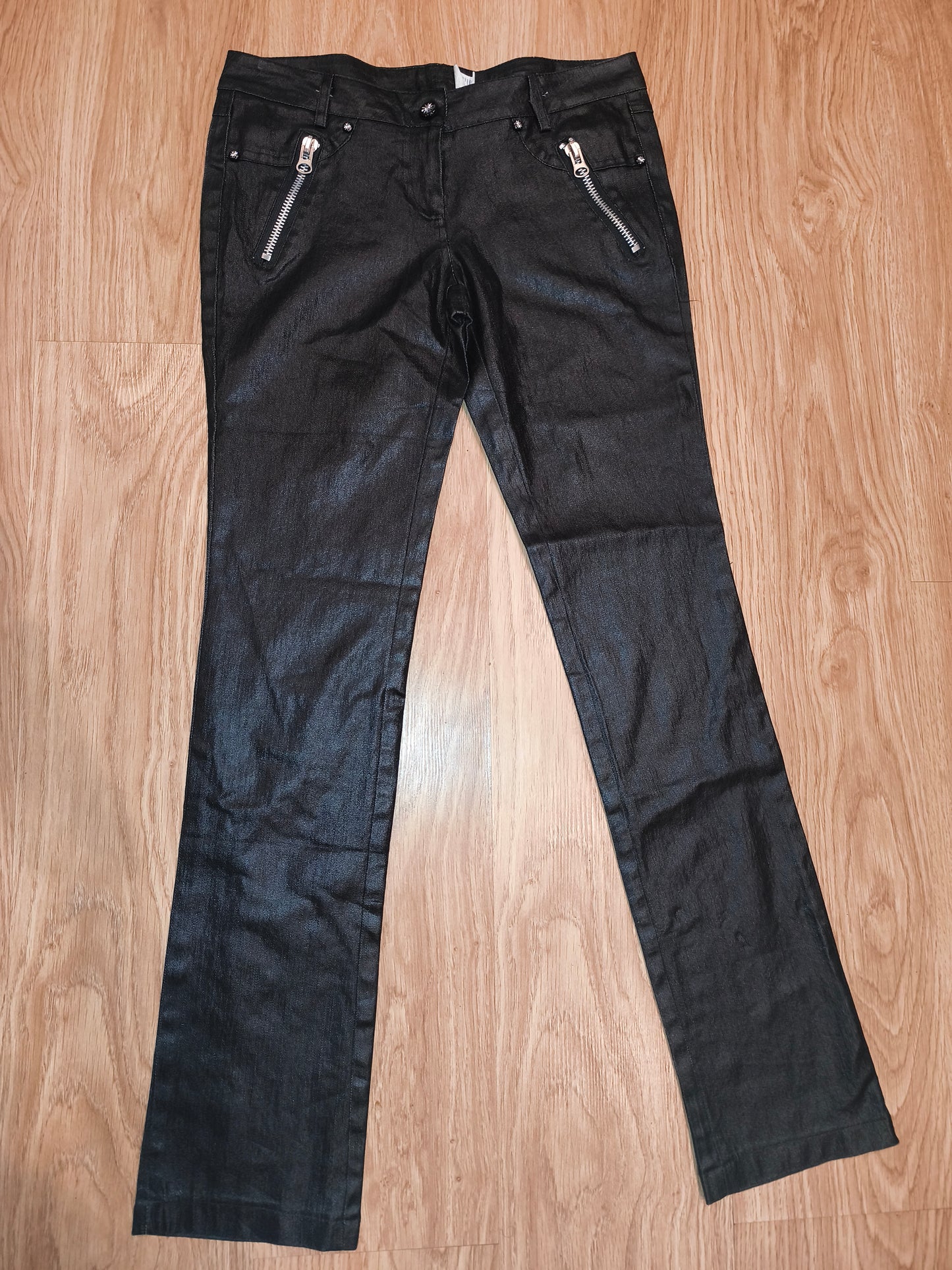 Vintage Y2K Coated Black Zip Pants – Cyber Grunge Punk Waxed Denim (Size 13 / XS-S)