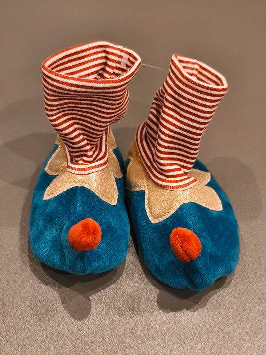 Merry Christmas Baby Elf Soft Booties / Slippers – Plush Blue & Red Gold Trim (Unisex)