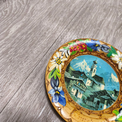 Vintage Hand Painted Wooden Wall Plate Innsbruck Alpine Landscape Flowers