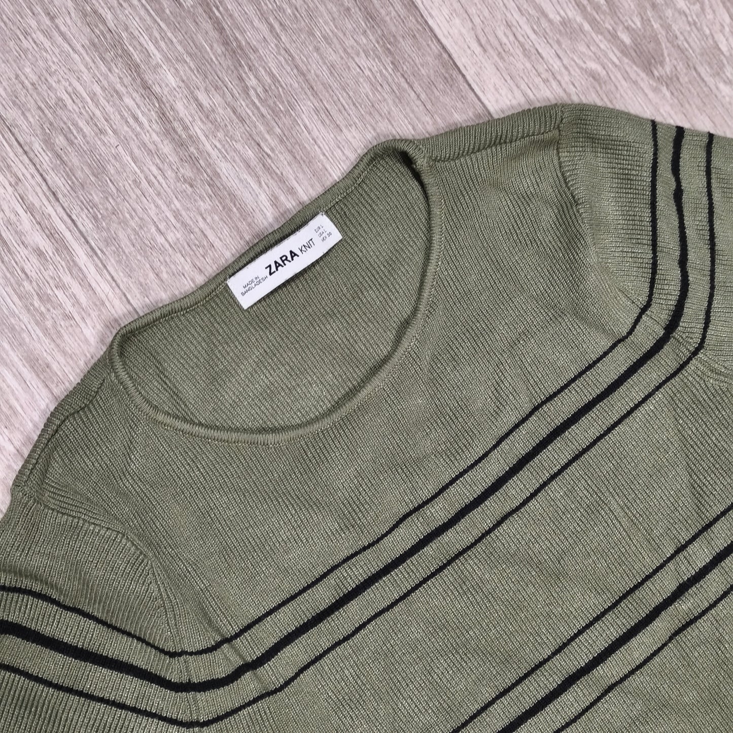 ZARA KNIT Women Large Green Striped Ribbed Long Sleeve Tie Waist Sweater Top