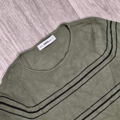 ZARA KNIT Women Large Green Striped Ribbed Long Sleeve Tie Waist Sweater Top