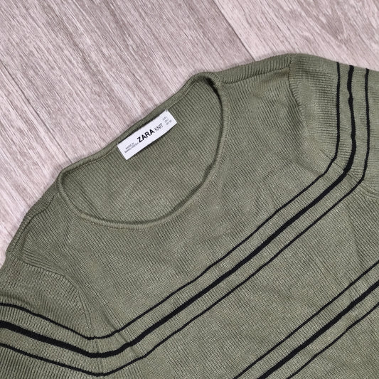 ZARA KNIT Women Large Green Striped Ribbed Long Sleeve Tie Waist Sweater Top