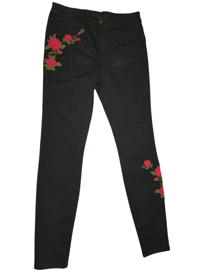 Clockhouse Women's Black Skinny Jeans Floral Rose Embroidery C&A Size EU 40/UK12