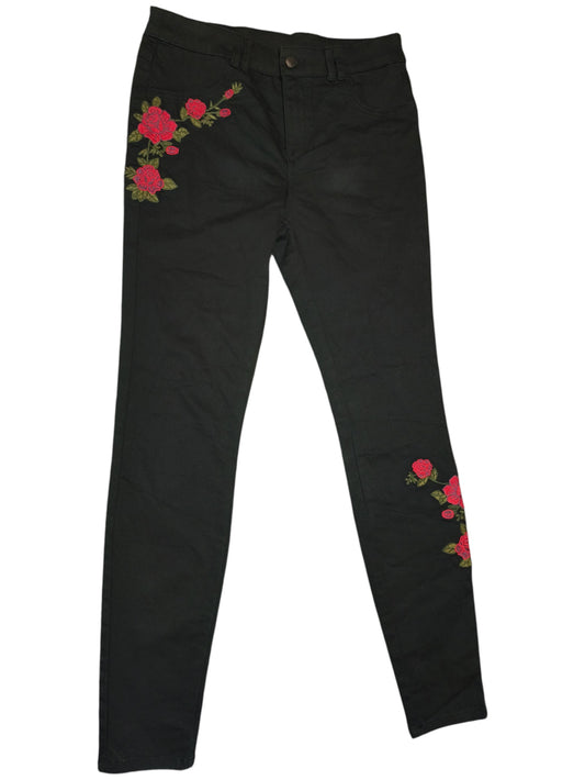 Clockhouse Women's Black Skinny Jeans Floral Rose Embroidery C&A Size EU 40/UK12