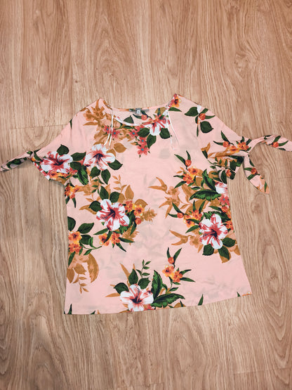 Peacocks Floral Print Tie-Sleeve Blouse – Peach & Multicolour, Size UK 10