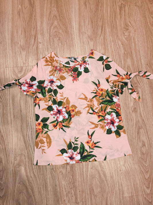 Peacocks Floral Print Tie-Sleeve Blouse – Peach & Multicolour, Size UK 10