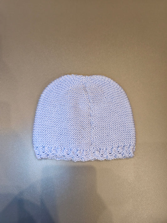 Hand-Knit Baby Girl Beanie Hat with Crochet Flower Detail | Light Blue (0-6M)