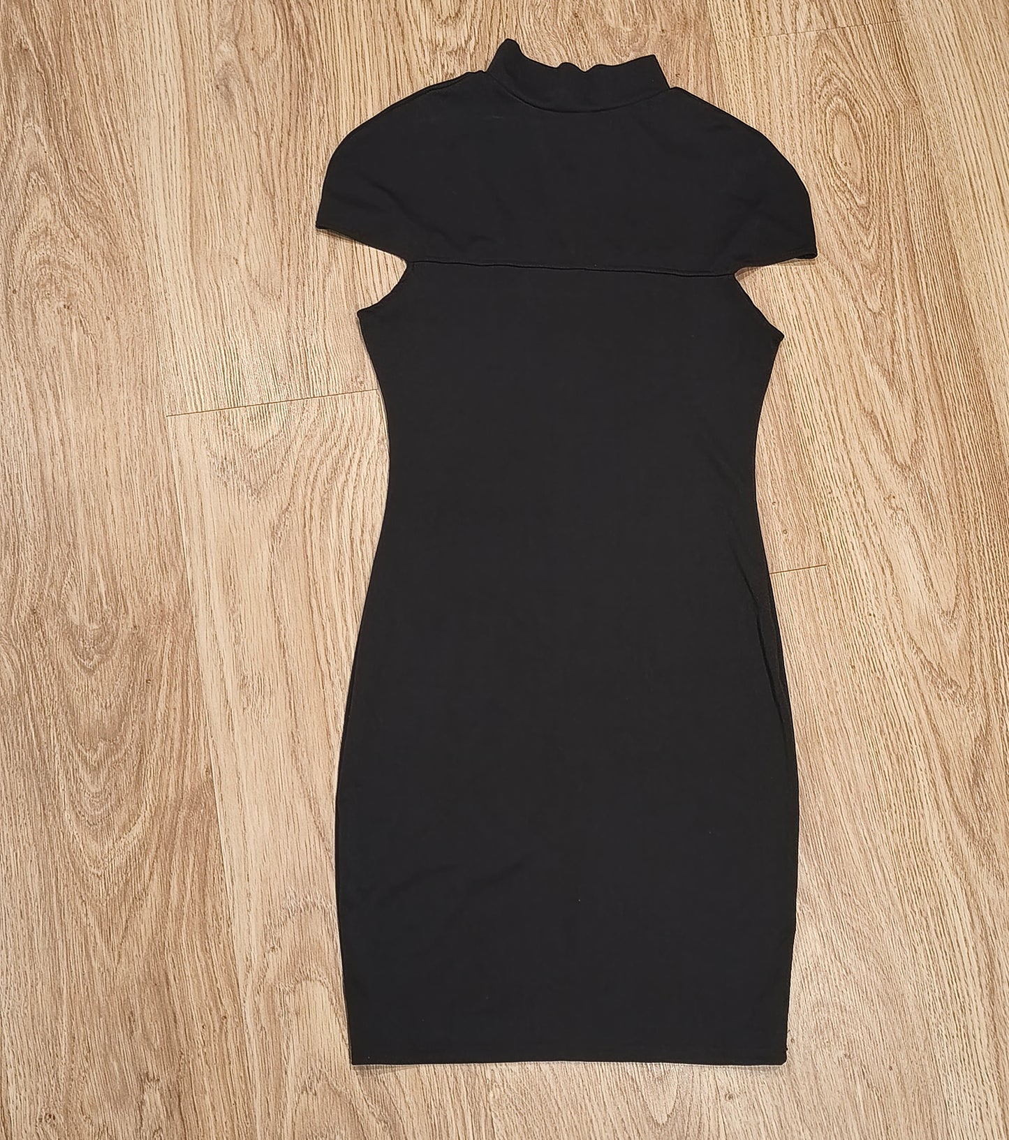 Women Black Bodycon Mini Dress Mock Neck Cutout Lattice Yoke Cap Sleeve Party S