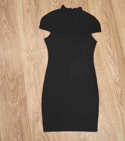 Women Black Bodycon Mini Dress Mock Neck Cutout Lattice Yoke Cap Sleeve Party S