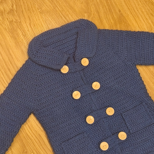 Handmade Blue Crochet Double Breasted Cardigan Sweater Coat Jacket