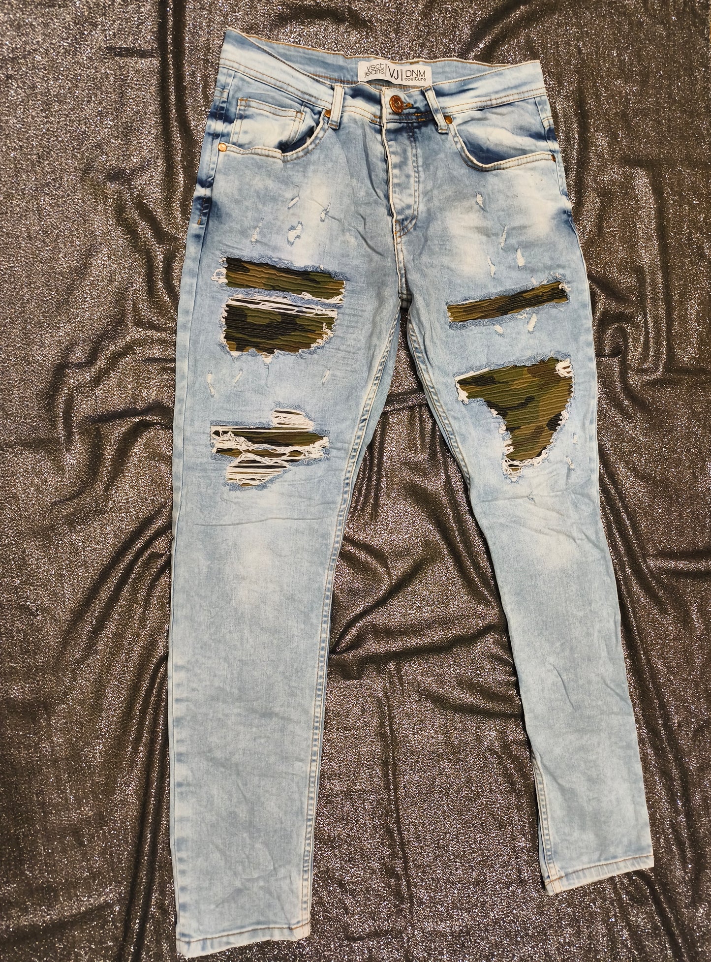 VSCT Jeans DNM Couture Distressed Biker Jeans Light Wash Camo Inlay Mens G31x32