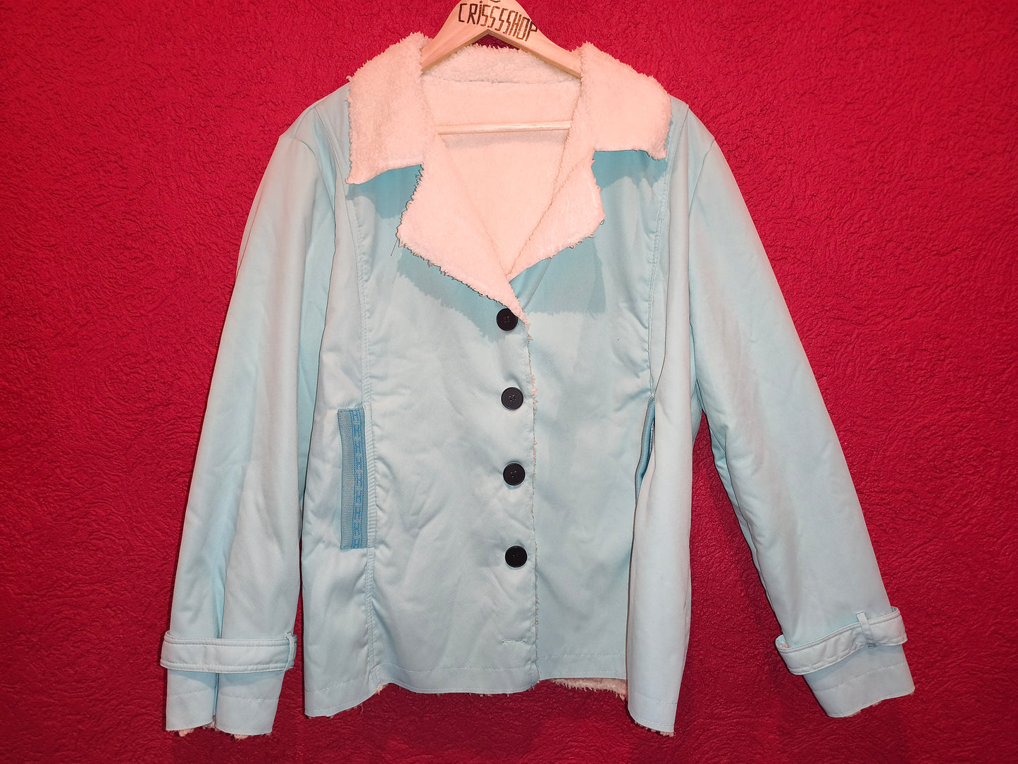 Pastel Light Blue Sherpa Fleece Lined Button Coat Jacket | Women's Size 5XL