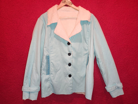 Pastel Light Blue Sherpa Fleece Lined Button Coat Jacket | Women's Size 5XL