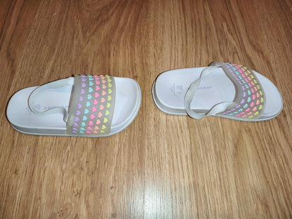 Primark Girls Rainbow Pastel Heart Sliders with Elastic Heel Strap – White (Size EU 24 / UK 7)