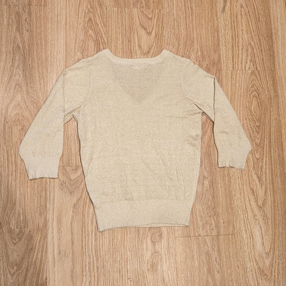 BELOVED WOMAN Gold Metallic Shimmer V-Neck Sweater Size M 3/4 Sleeve Knit Top