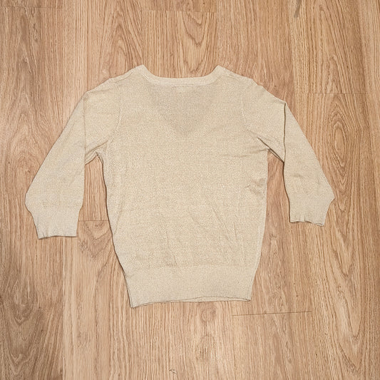 BELOVED WOMAN Gold Metallic Shimmer V-Neck Sweater Size M 3/4 Sleeve Knit Top