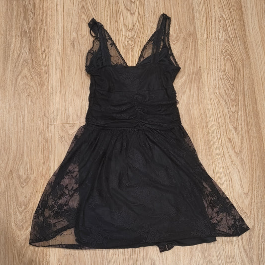 Laura Scott Black Lace Mini Dress V-Neck Lined Ruched Bodycon Party UK 12 D 38
