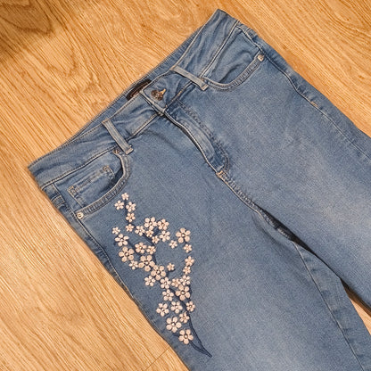 F&F Women Floral Embroidered Jeans Blue Stretch Skinny Raw Hem UK 10 US 6 EUR 38