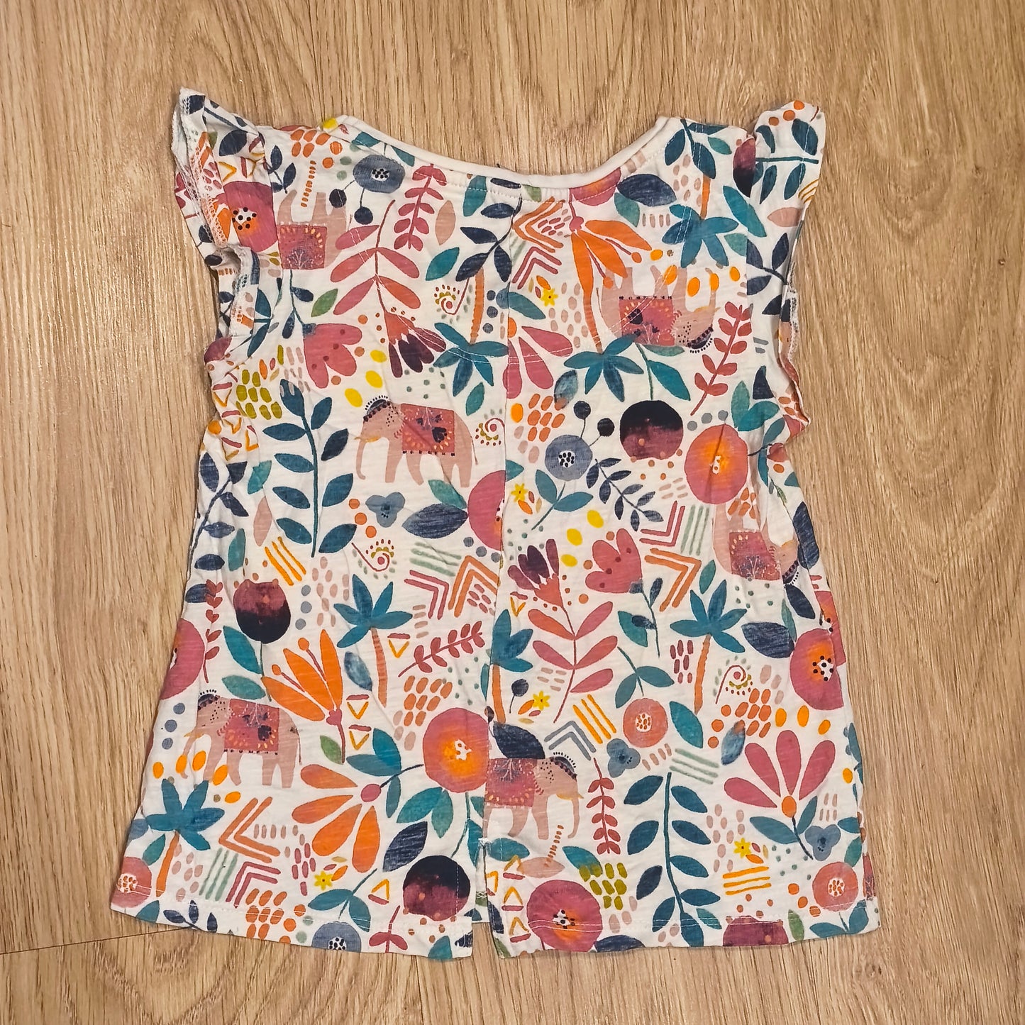 Tu Kids Girls Elephant Floral T-Shirt Top Flutter Sleeve Size 5-6 Yrs 110-116cm