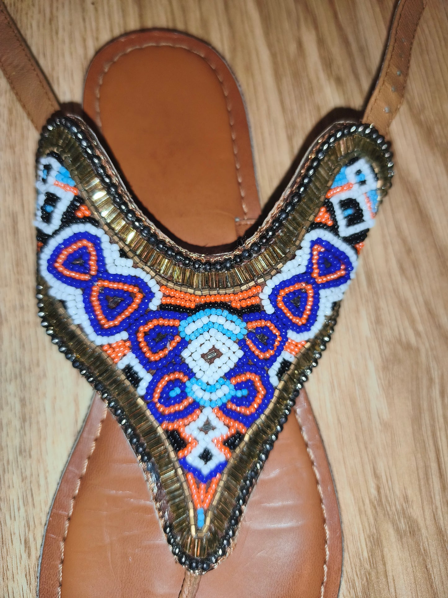Women's Boho Vibrant Beaded Ankle-Strap Flat Sandals – Brown / Multicolor (Size EU 38 / UK 5)