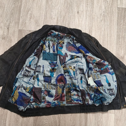 Vintage Black Leather Bomber Jacket Egyptian Art Lining Size 52