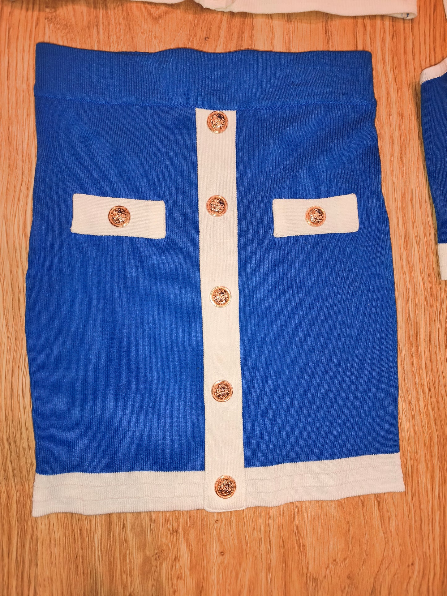 Knit 3 Piece Skirt Set Royal Blue White Cardigan Crop Top Mini Skirt Med/Small