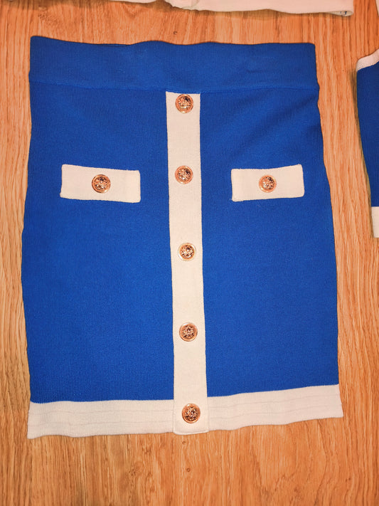 Knit 3 Piece Skirt Set Royal Blue White Cardigan Crop Top Mini Skirt Med/Small