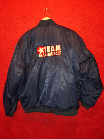 Classic 90s/Y2K bomber jacket featuring bold "Team Maximuscle" chest & back embroidery!