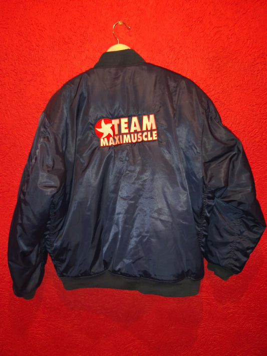 Classic 90s/Y2K bomber jacket featuring bold "Team Maximuscle" chest & back embroidery!