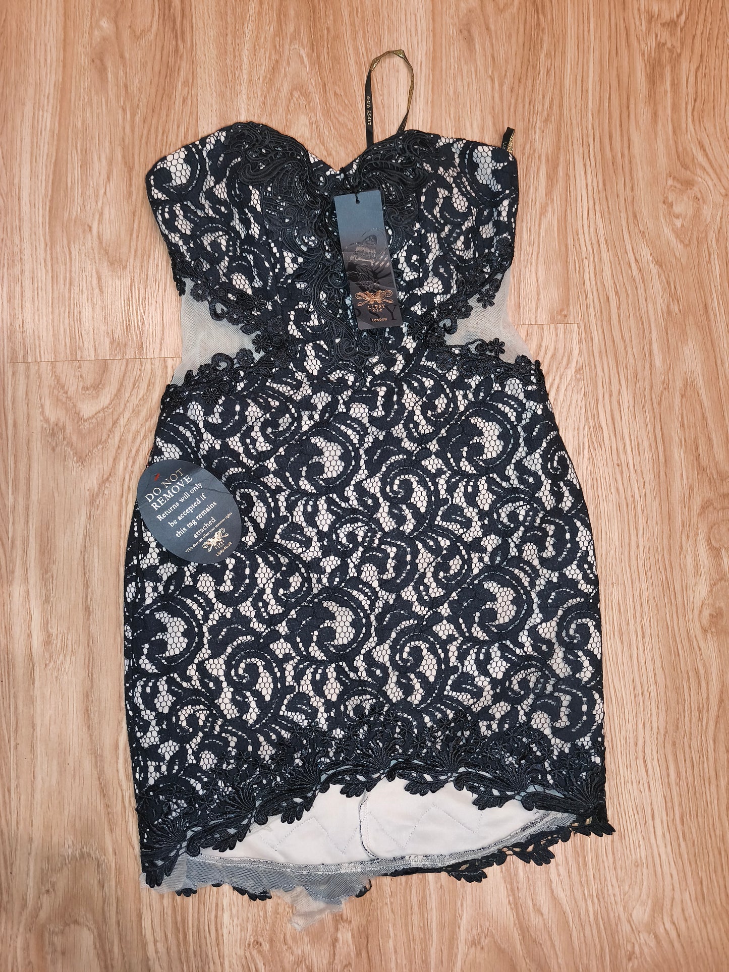 NWT Lipsy London VIP Lace Cocktail Dress – Black & Nude Strapless Bodycon, UK 10 / EU 38