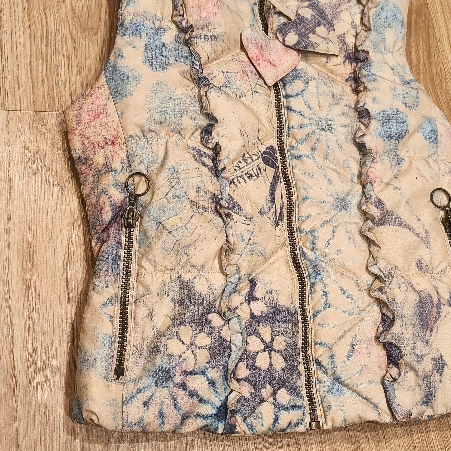 DAITE Womens Hooded Puffer Vest Faux Fur Trim Floral Skull Y2K Size UK 12 EU 38