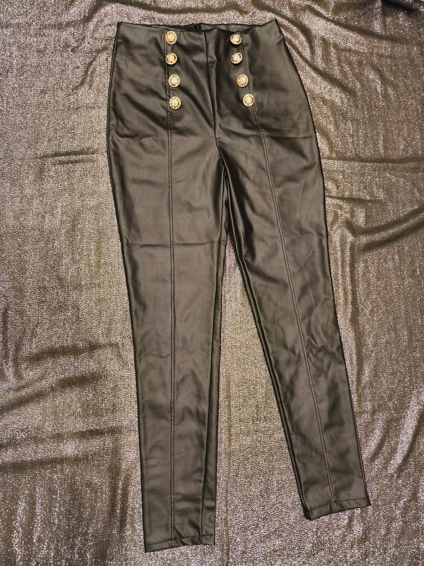 Made in Italy Black Faux Leather High Waisted Sailor Pants Gold Buttons Size M