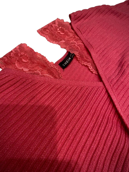 SHEIN Pink Ribbed Knit Surplice Sweater Lace Trim V-Neck Long Sleeve Crop Top S