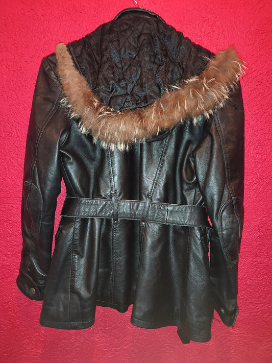 AVIATRIX Genuine Black Leather Belted Utility Jacket Fur Hood | Women's Size XL