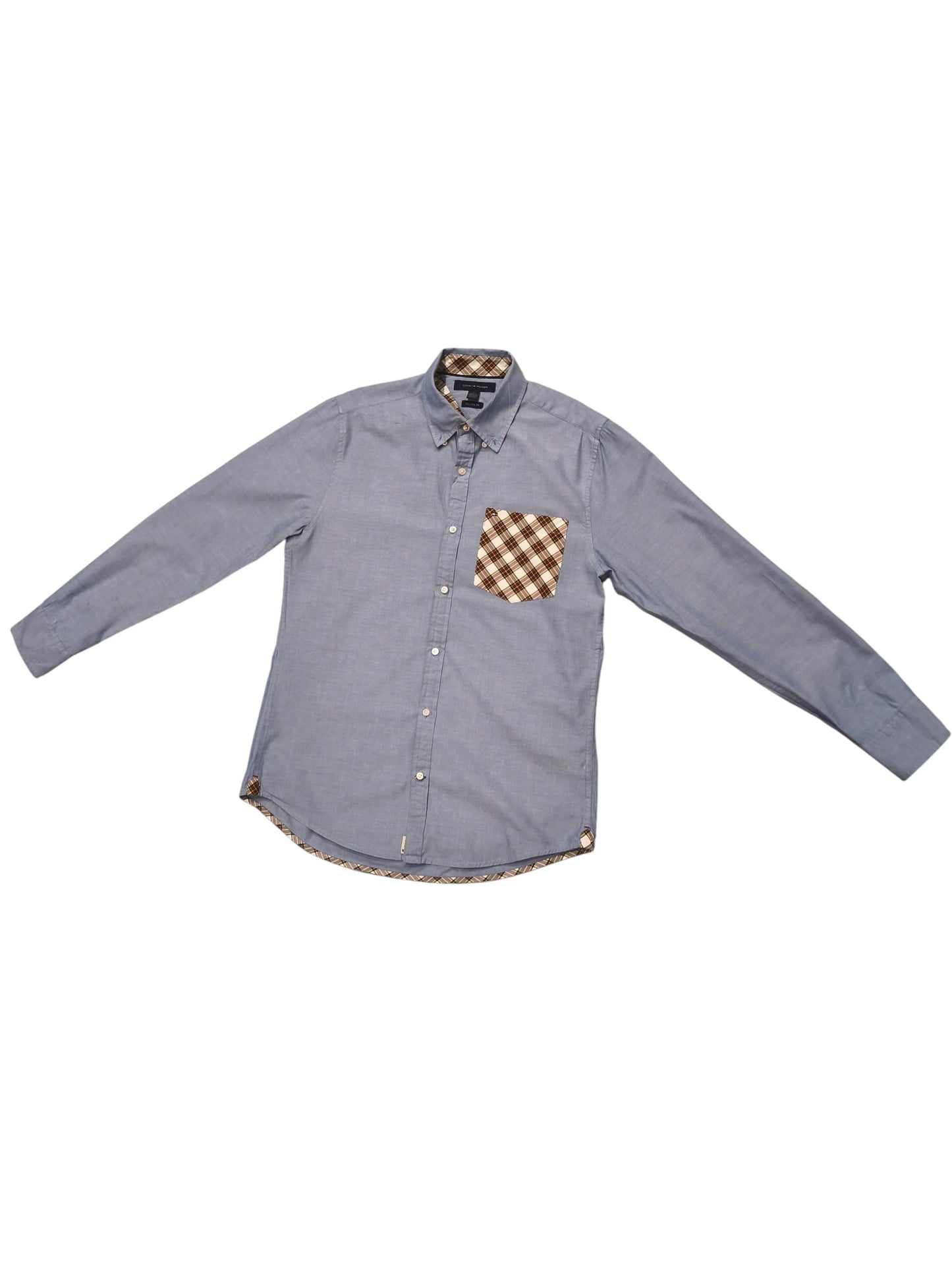 Tommy Hilfiger Shirt Mens Medium Blue Oxford Plaid Elbow Patches New York Fit