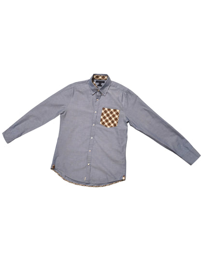 Tommy Hilfiger Shirt Mens Medium Blue Oxford Plaid Elbow Patches New York Fit