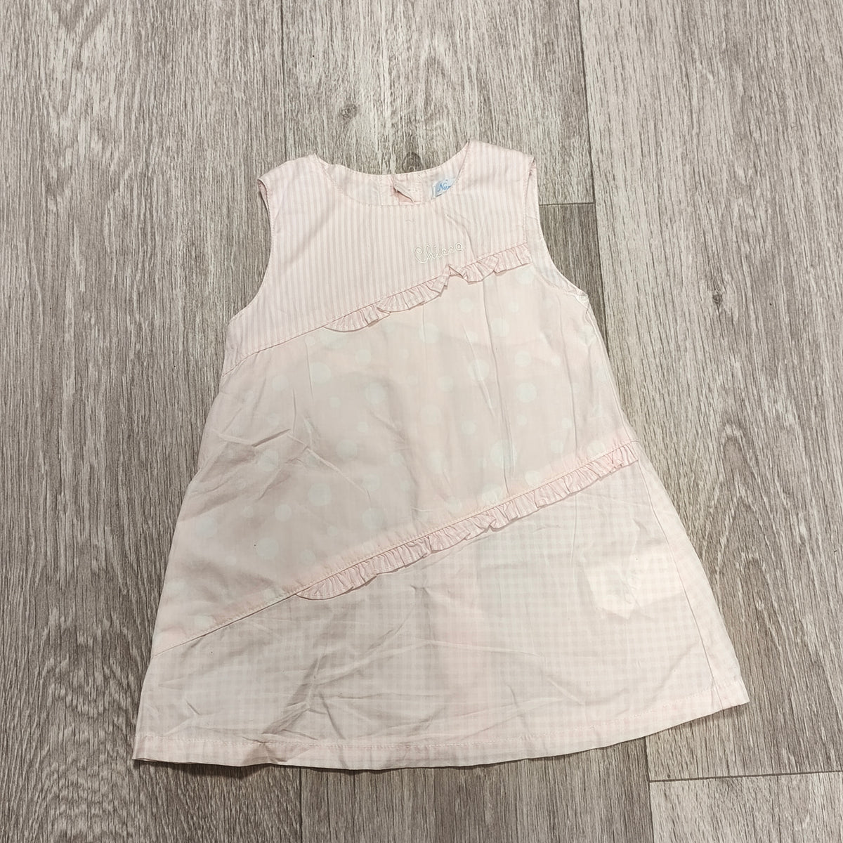 Chicco Baby Girl Dress 62 6M Pink Patchwork Dot Sleeveless Button
