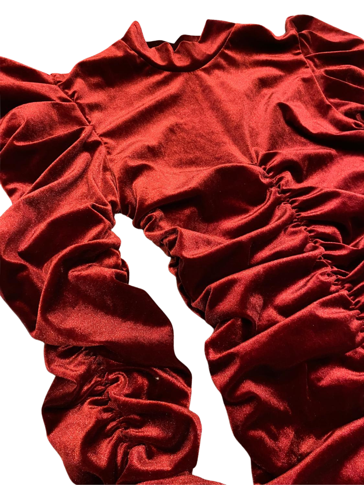 Made in Italy Red Velvet Ruched Mini Dress - Puff Shoulder Long Sleeve -Size S/M