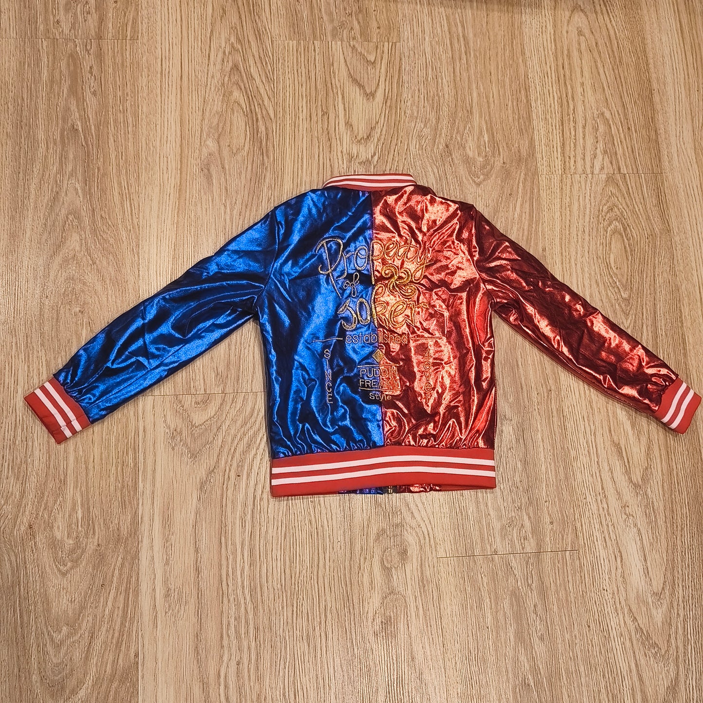 Harley Quinn Costume Jacket Kids Size 120 Red Blue Metallic Property of Joker