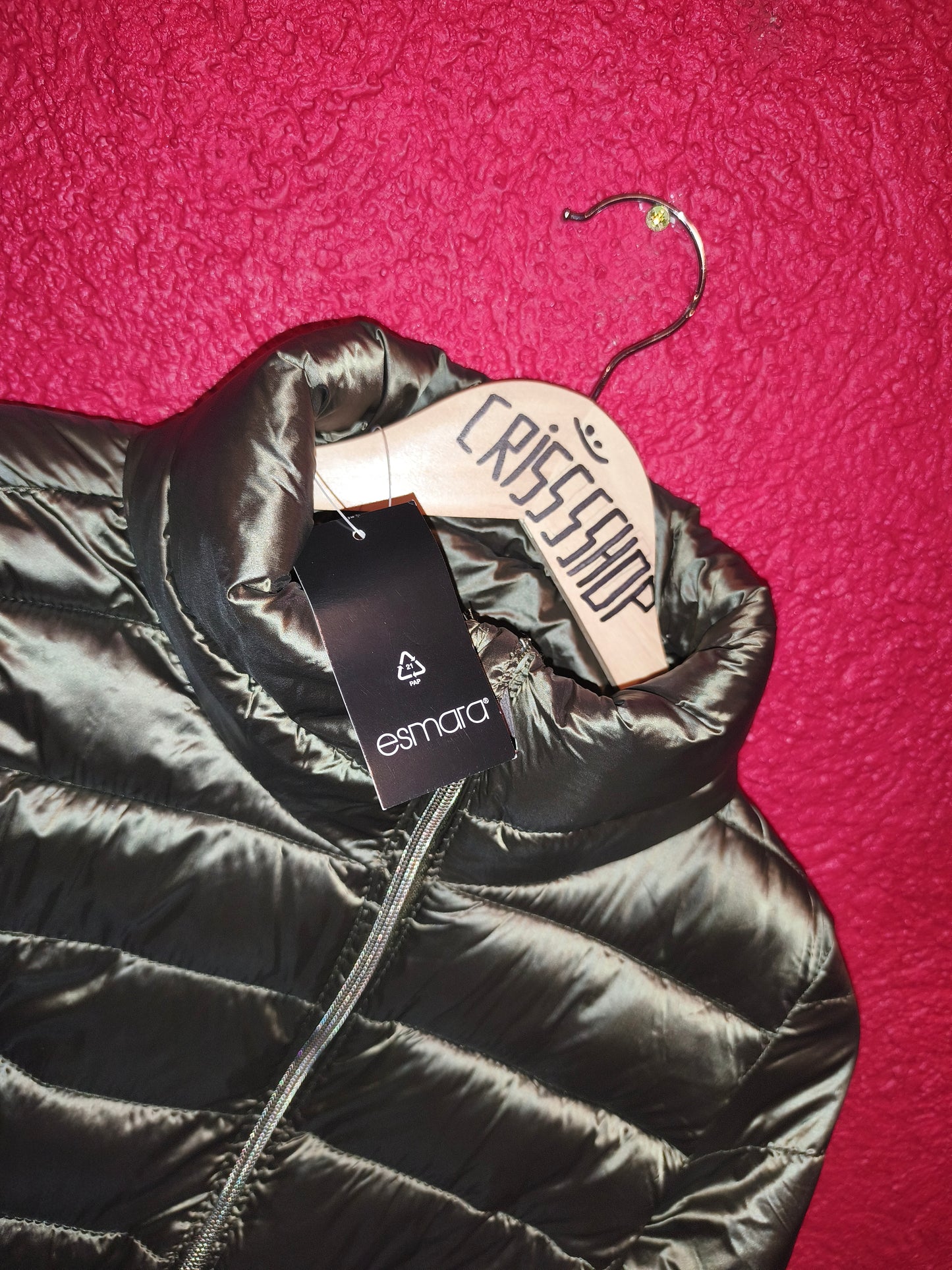 Esmara Metallic Olive Green Belted Lightweight Puffer Jacket | NWT S 36/38 (Minor Wear)
