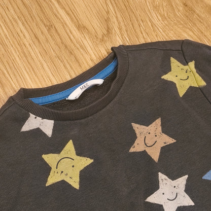 M&S Boys Star Print Sweatshirt Jumper Dark Graphite Age 5-6 Yrs 116cm Cotton